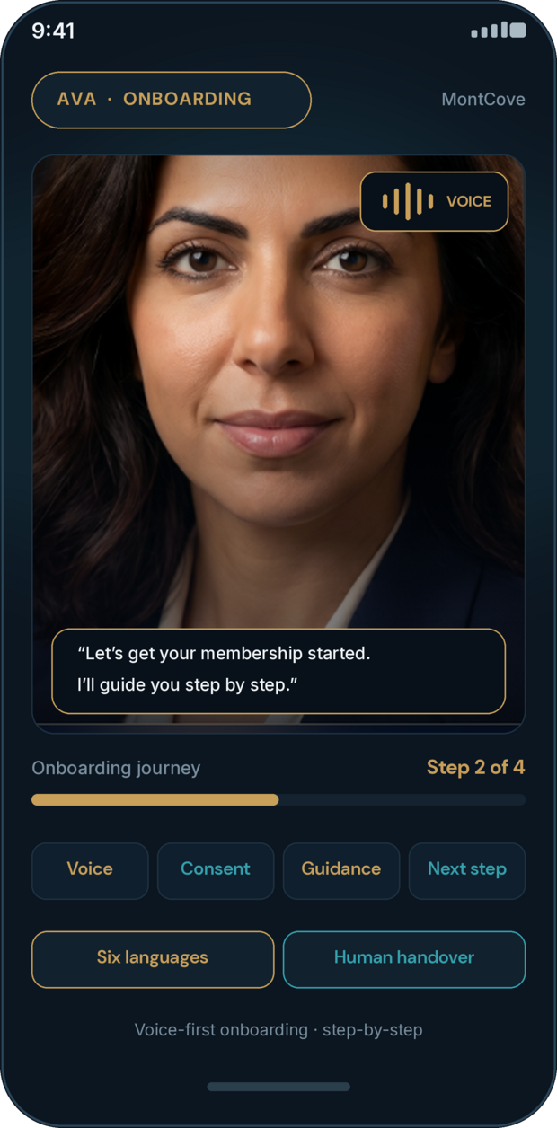 AVA onboarding concierge screen guiding a member by voice through membership set-up.