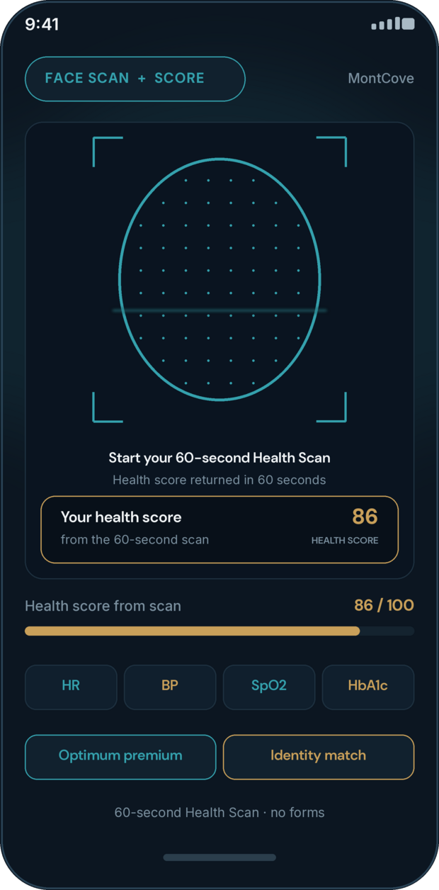 MontCove face scan screen showing a 60-second health scan and a health score of 86 out of 100.