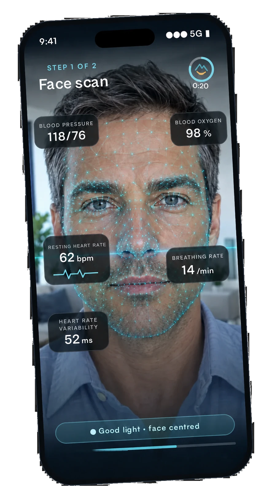 Face scan screen, step 1 of 2, with live blood pressure, resting heart rate, heart rate variability, breathing rate and blood oxygen readings.