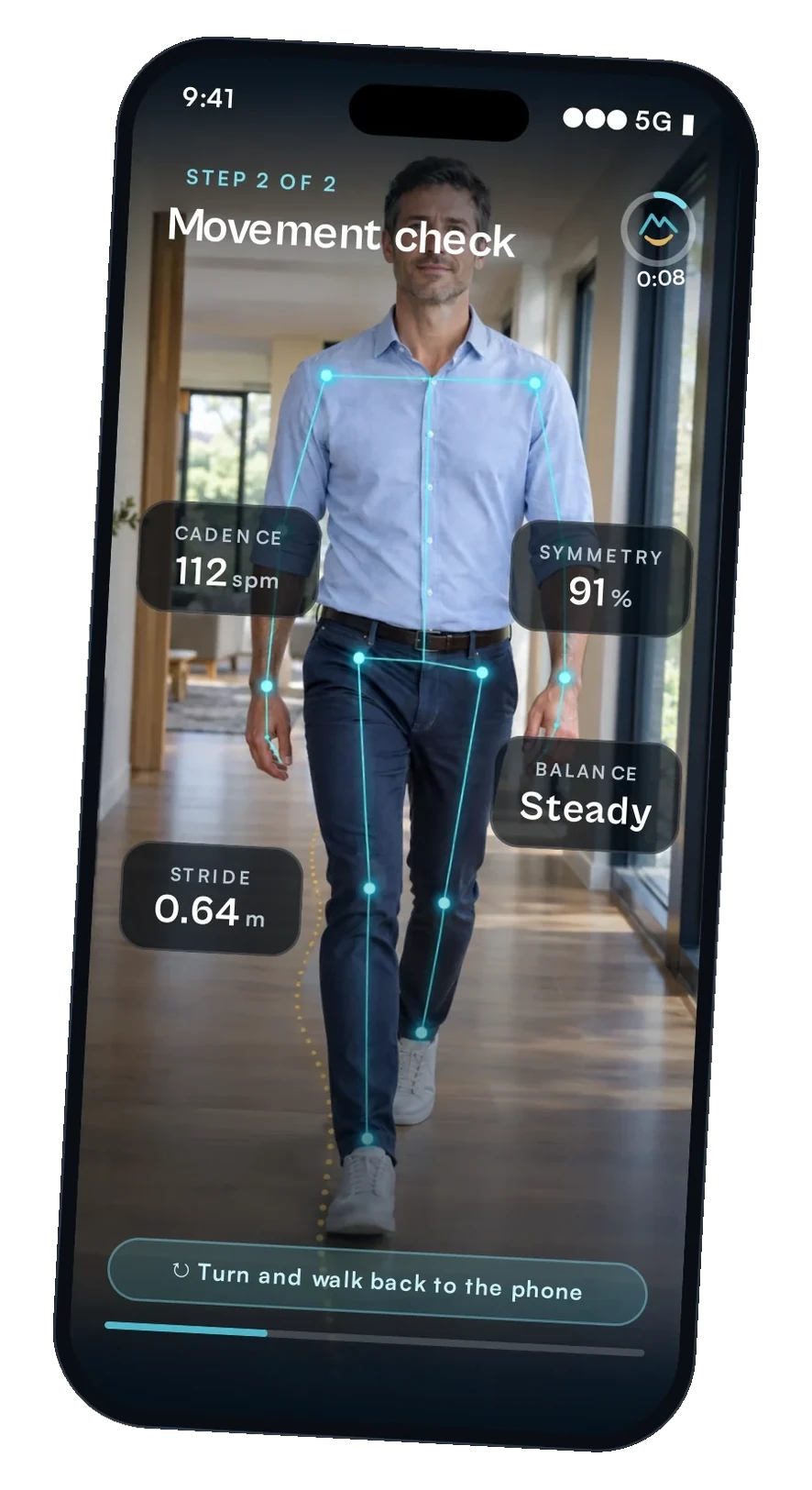 Movement check screen, step 2 of 2, with cadence, symmetry, balance and stride readings.